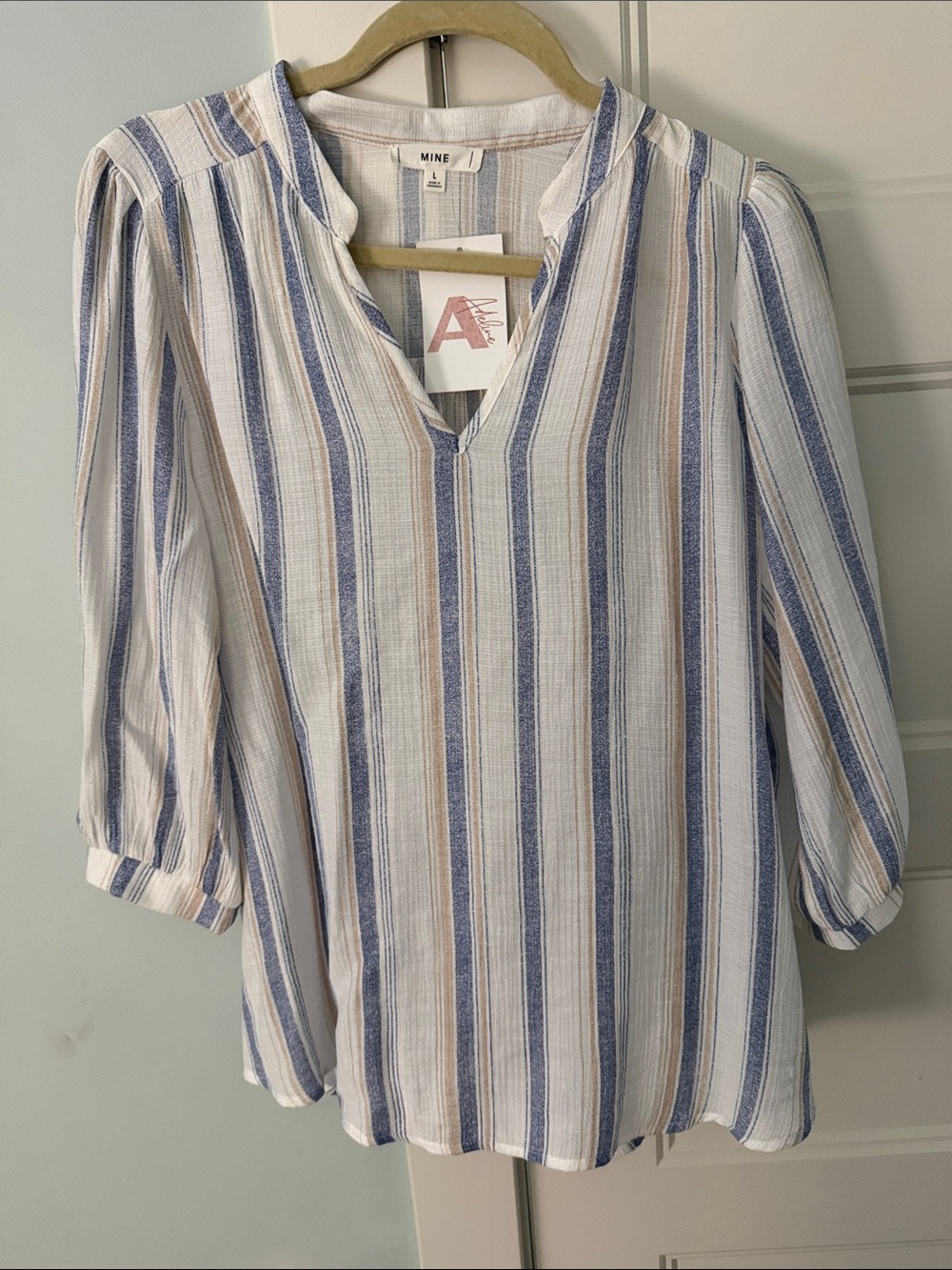 NWT Large Blue & Tan Striped V-Neck 3/4 Sleeve Blouse by MINE